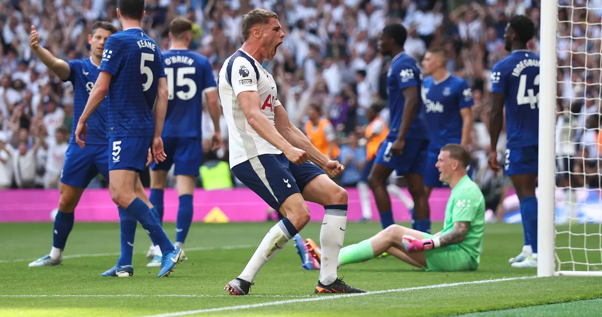 Jugador de Tottenham celebra un gol contra Everton Jugador de Tottenham celebra un gol contra Everton