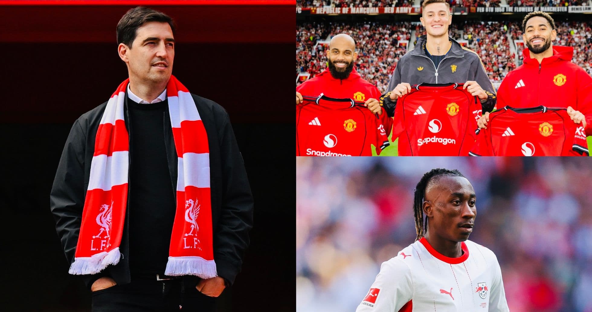 Entrenador con bufanda de Liverpool y tres jugadores de Manchester United Entrenador con bufanda de Liverpool y tres jugadores de Manchester United