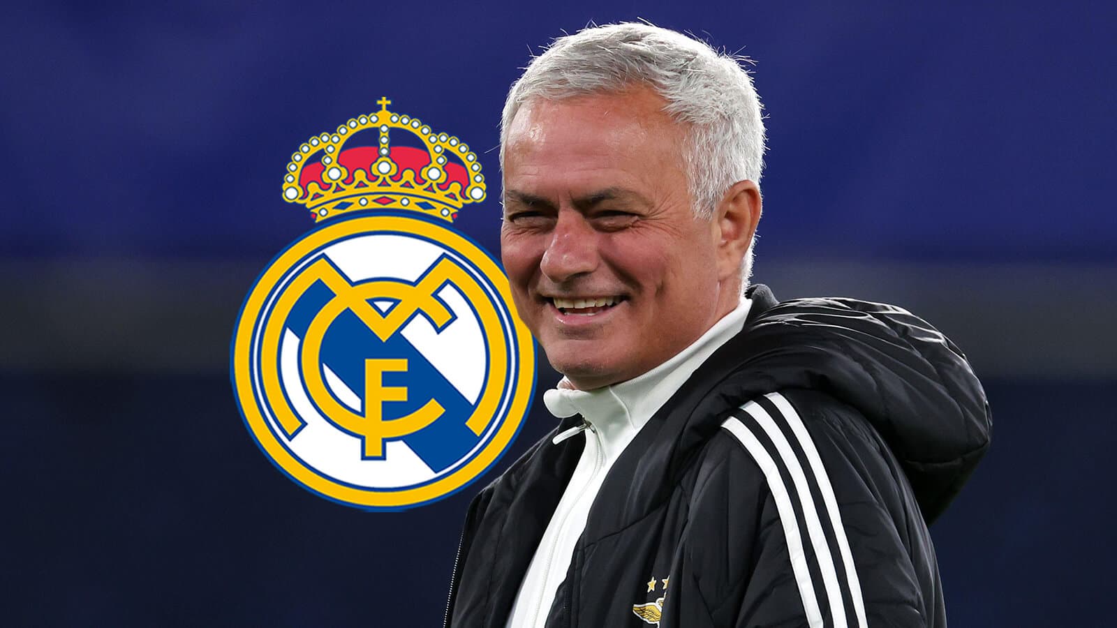 José Mourinho sonriendo con el logo del Real Madrid José Mourinho sonriendo con el logo del Real Madrid