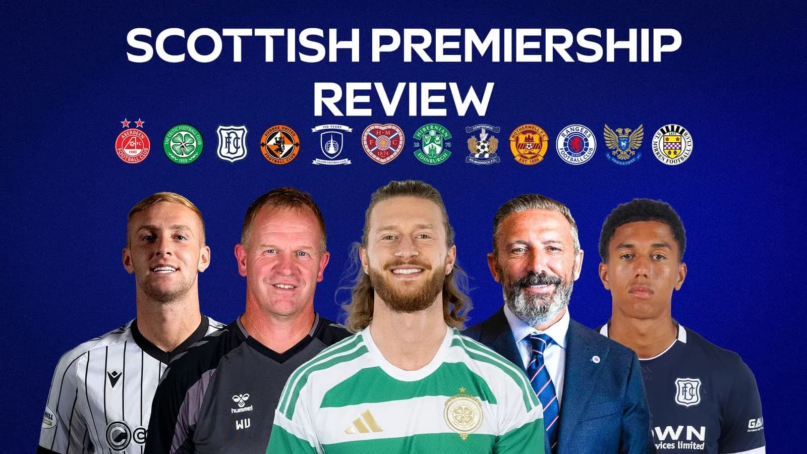 Jugadores y entrenadores de la Scottish Premiership posando juntos Jugadores y entrenadores de la Scottish Premiership posando juntos