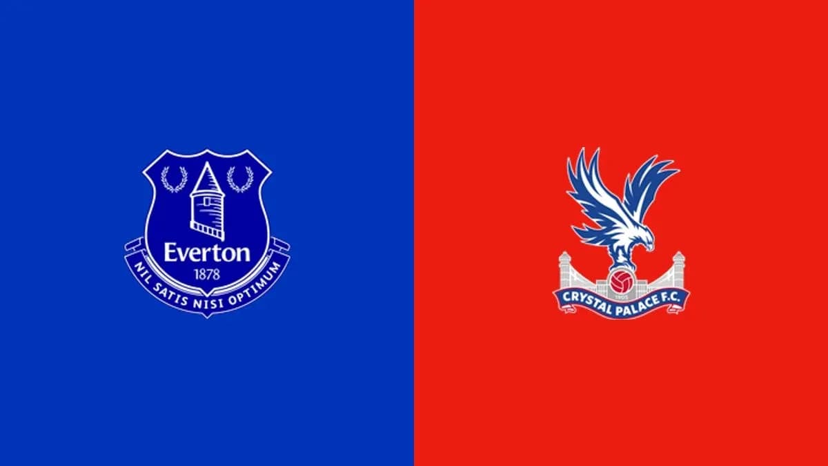 Logos de Everton y Crystal Palace sobre fondo azul y rojo Logos de Everton y Crystal Palace sobre fondo azul y rojo