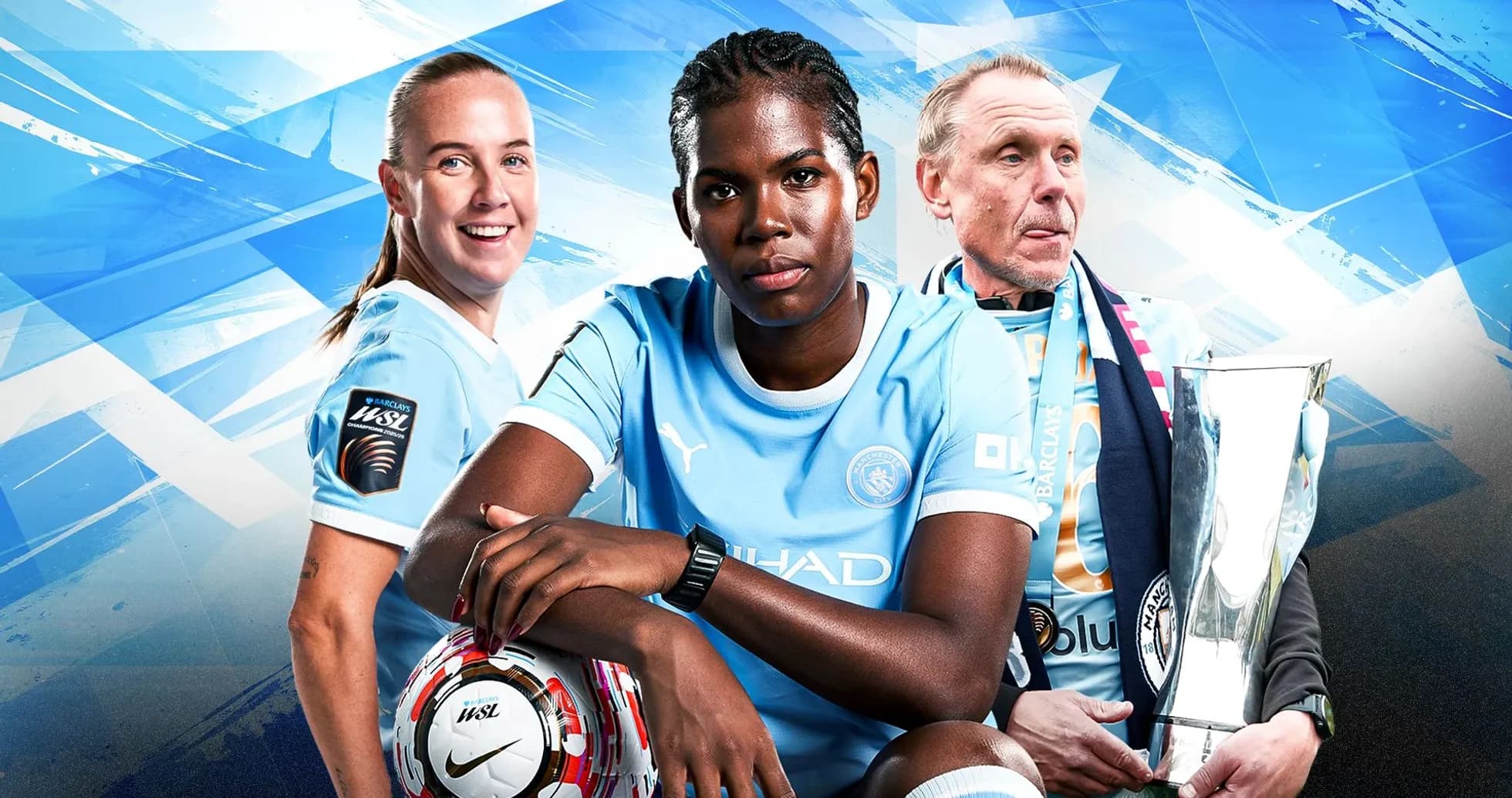 Jugadoras y entrenador de Manchester City con trofeo Jugadoras y entrenador de Manchester City con trofeo