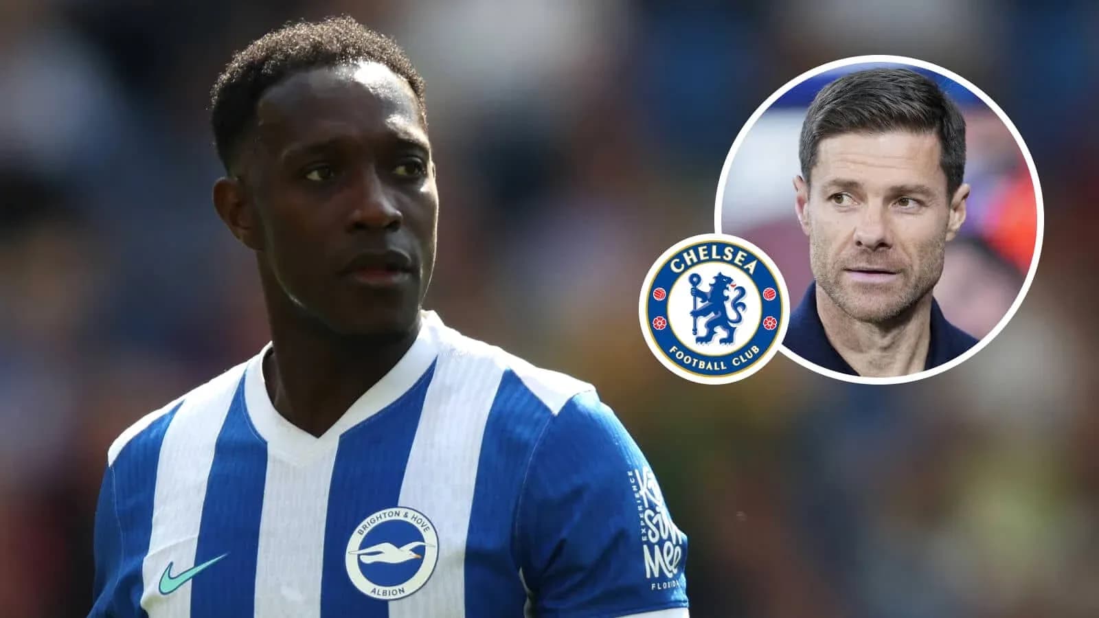 Jugador de Brighton con uniforme, logo de Chelsea y entrenador Jugador de Brighton con uniforme, logo de Chelsea y entrenador