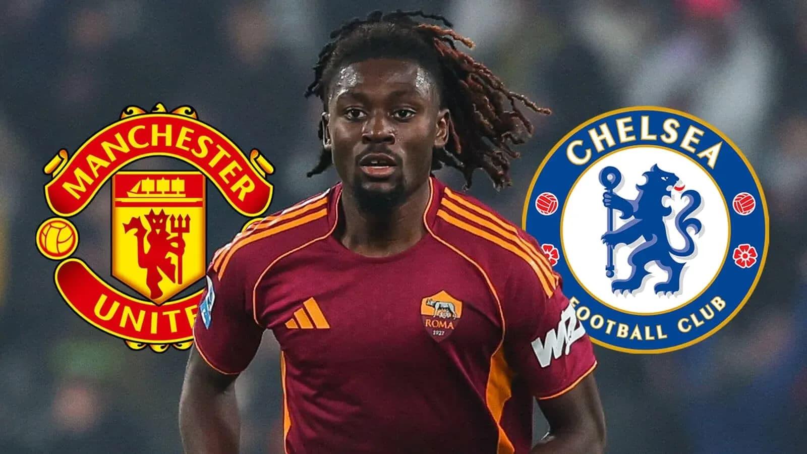 Jugador de Roma con logos de Manchester United y Chelsea Jugador de Roma con logos de Manchester United y Chelsea
