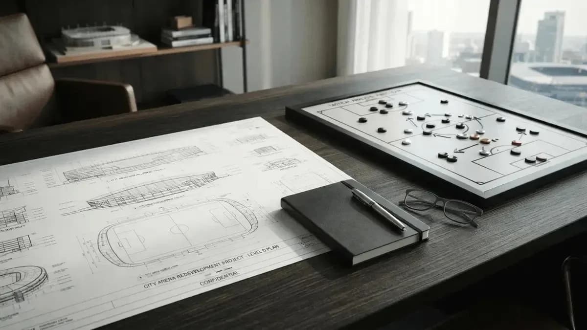 Planos y tablero de tácticas en mesa de oficina Planos y tablero de tácticas en mesa de oficina