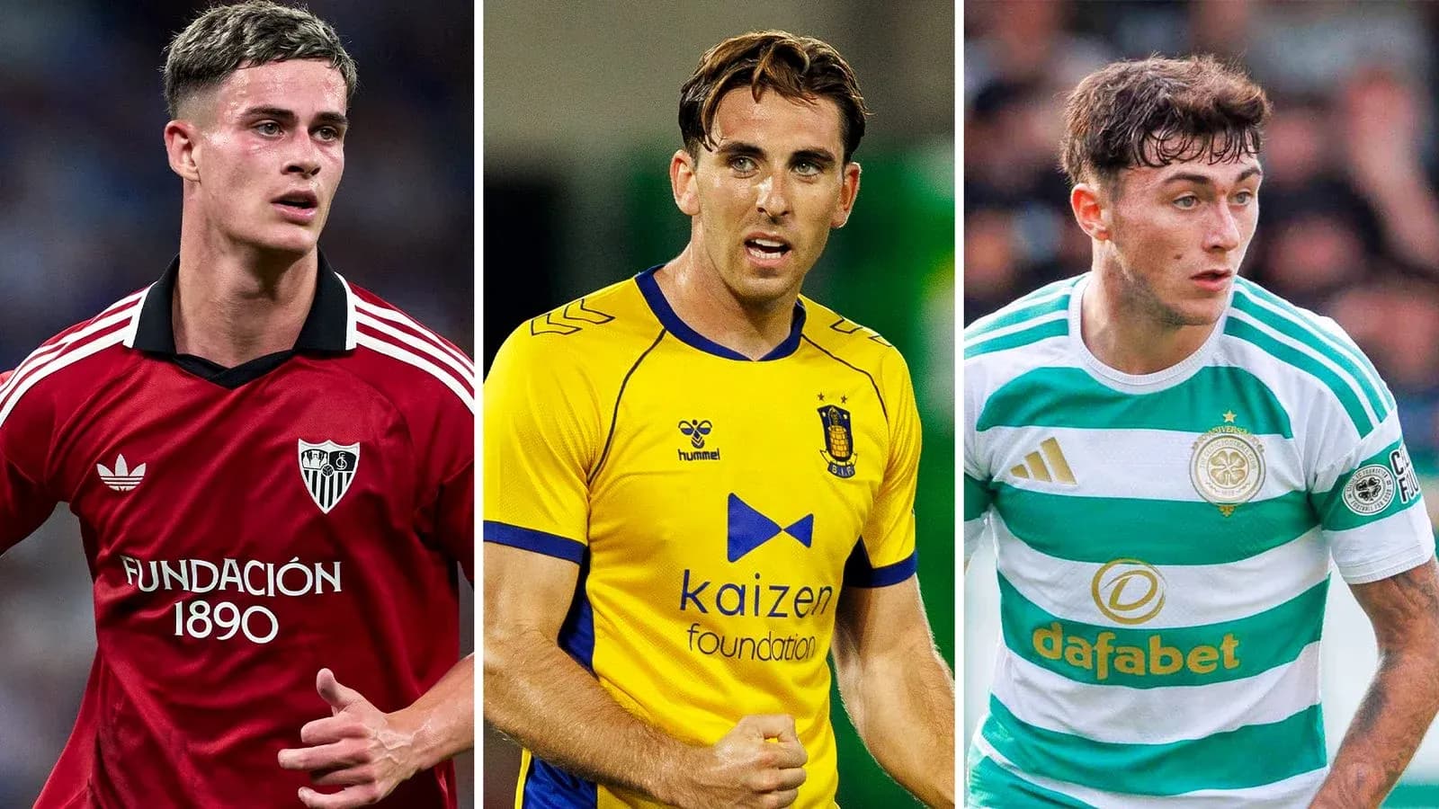Tres jugadores de fútbol en diferentes uniformes Tres jugadores de fútbol en diferentes uniformes