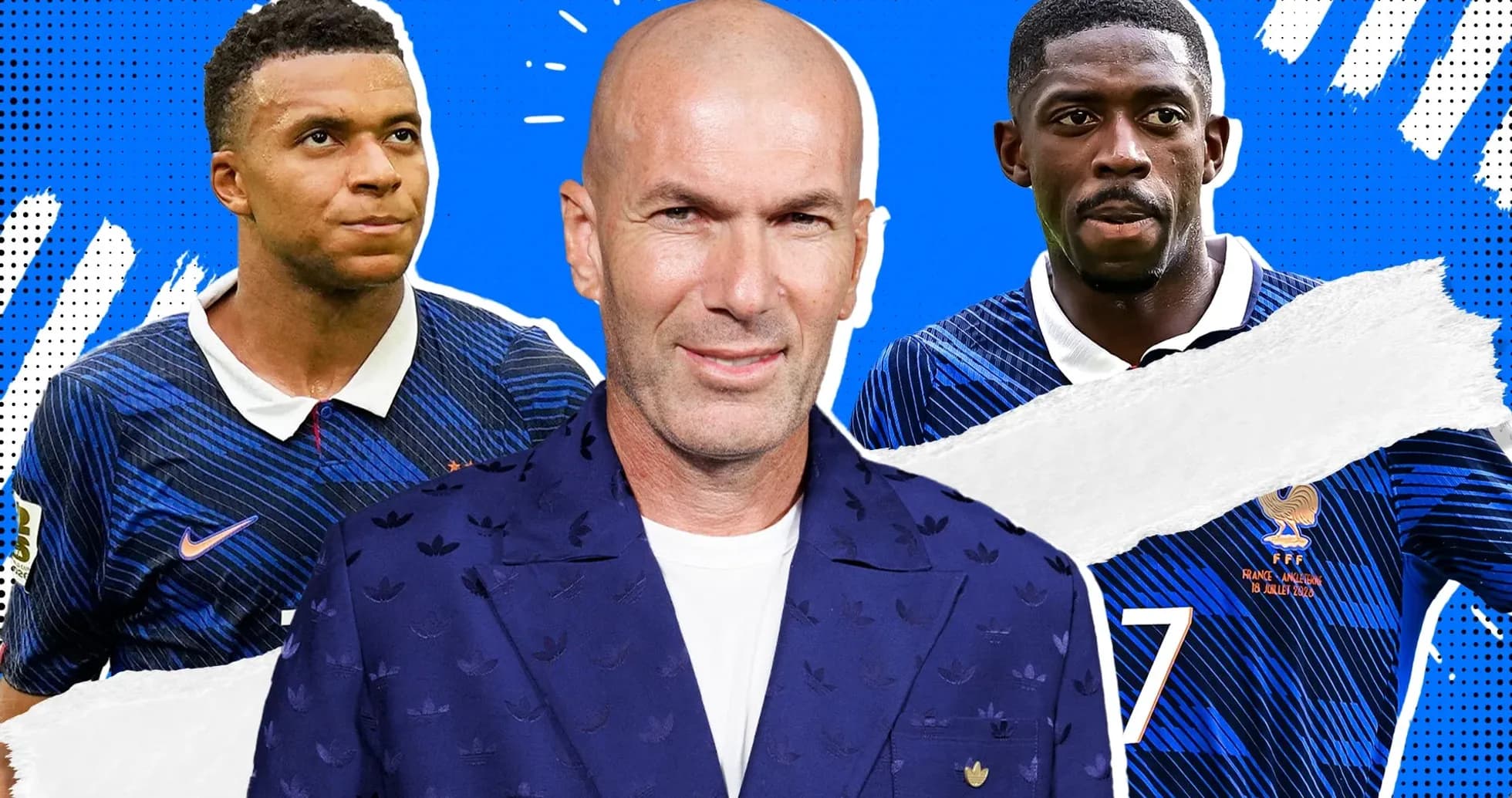 Tres jugadores de fútbol de Francia en uniforme Tres jugadores de fútbol de Francia en uniforme