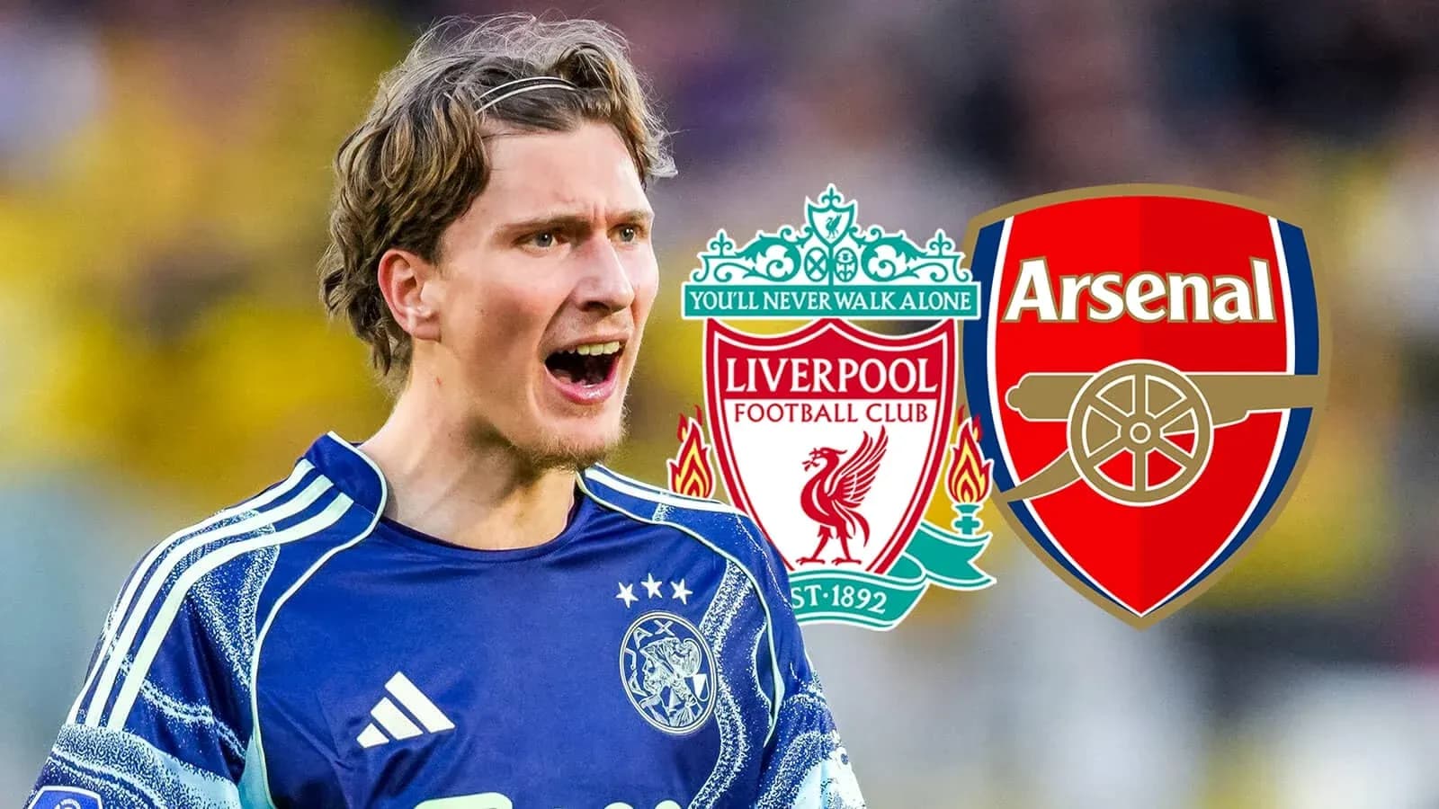 Portero gritando con escudos de Liverpool y Arsenal Portero gritando con escudos de Liverpool y Arsenal