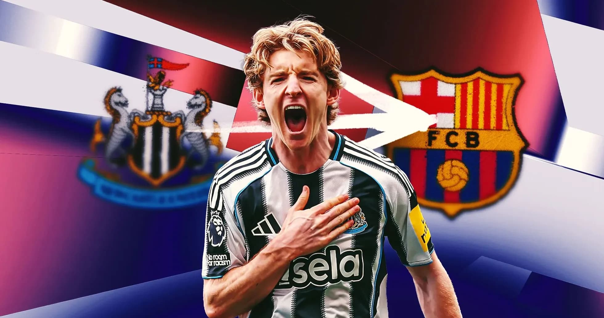 Jugador de Newcastle celebrando con el escudo de Barça Jugador de Newcastle celebrando con el escudo de Barça