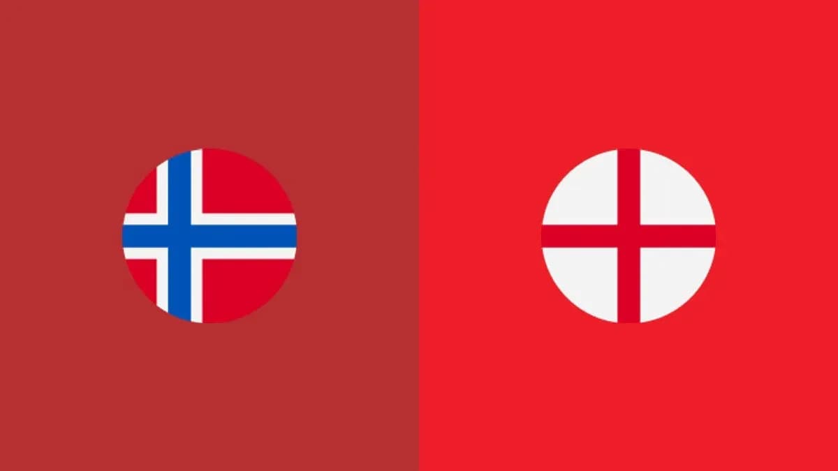 Banderas de Noruega y Inglaterra en fondo rojo Banderas de Noruega y Inglaterra en fondo rojo