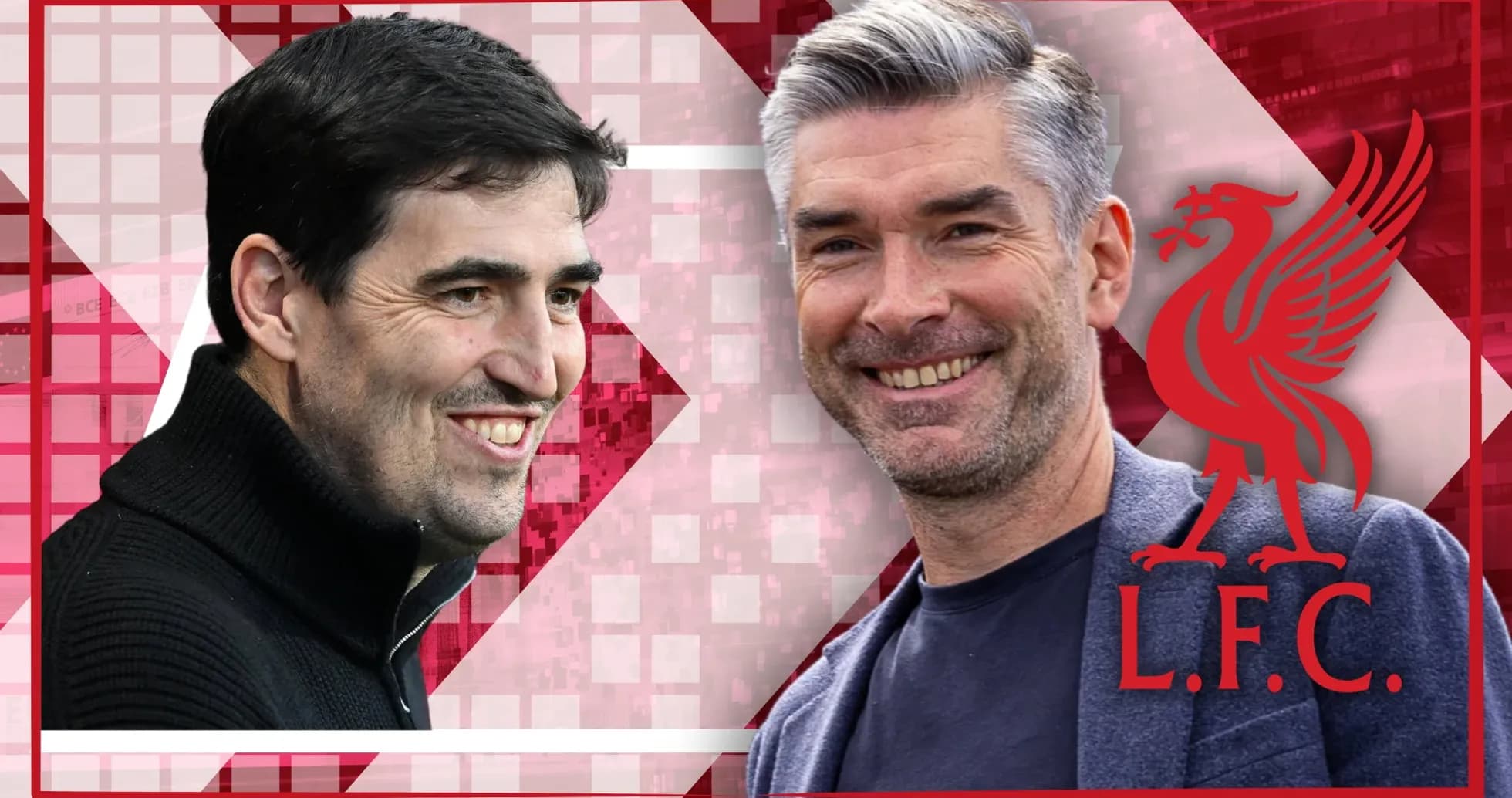 Entrenadores de Liverpool sonriendo en fondo rojo Entrenadores de Liverpool sonriendo en fondo rojo