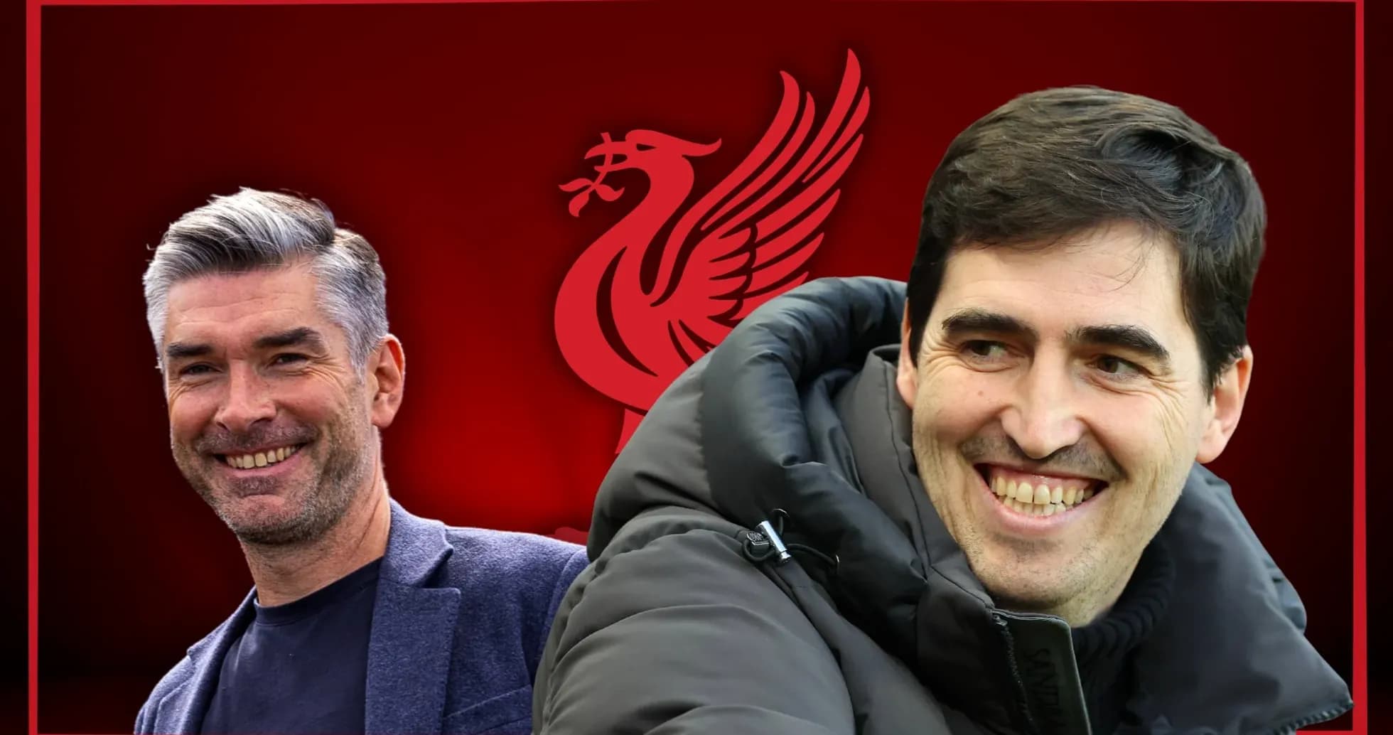 Entrenadores sonriendo con logo de Liverpool de fondo Entrenadores sonriendo con logo de Liverpool de fondo