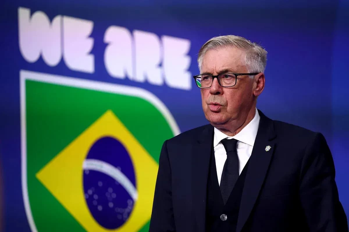 Entrenador hablando frente a la bandera de Brasil Entrenador hablando frente a la bandera de Brasil