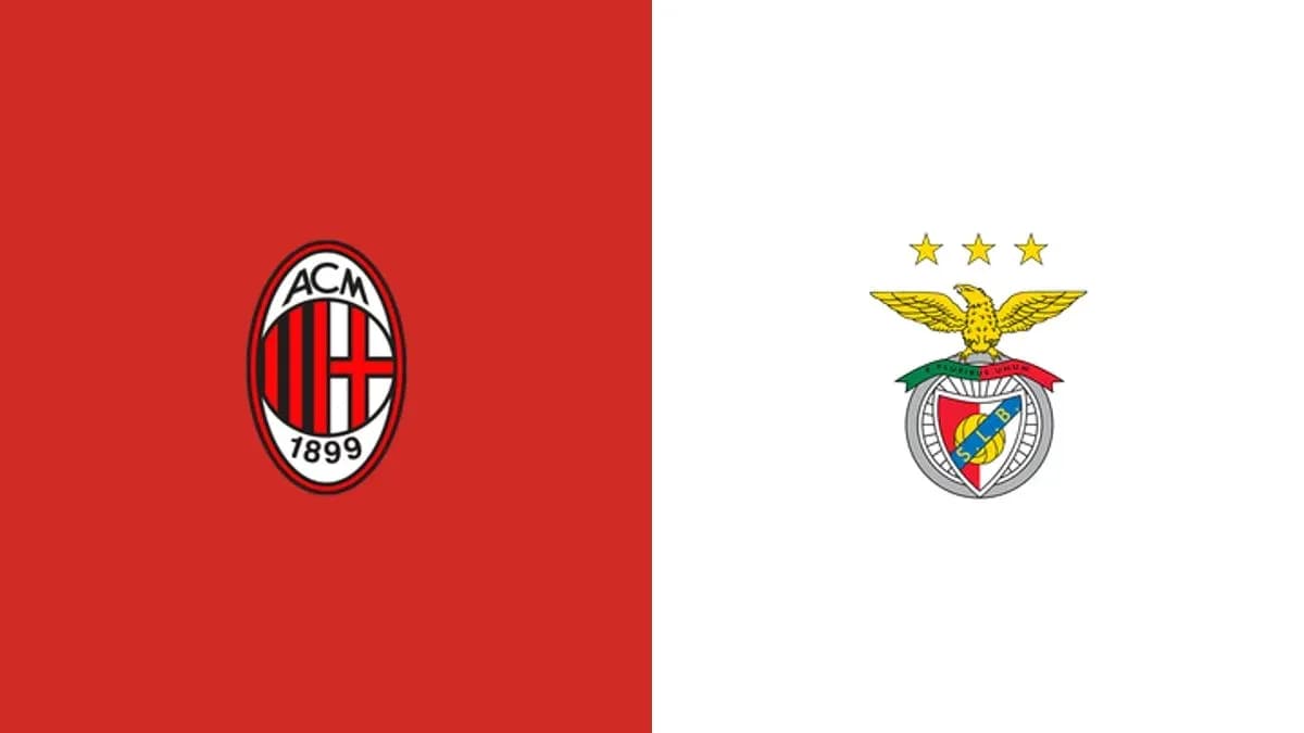 Logos de AC Milan y Benfica en fondo rojo y blanco Logos de AC Milan y Benfica en fondo rojo y blanco