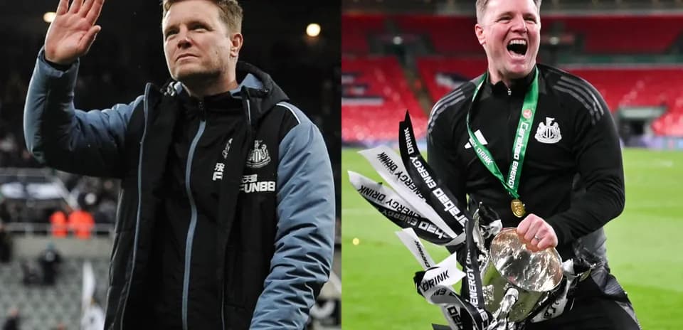 Entrenador de Newcastle saludando y celebrando un trofeo Entrenador de Newcastle saludando y celebrando un trofeo