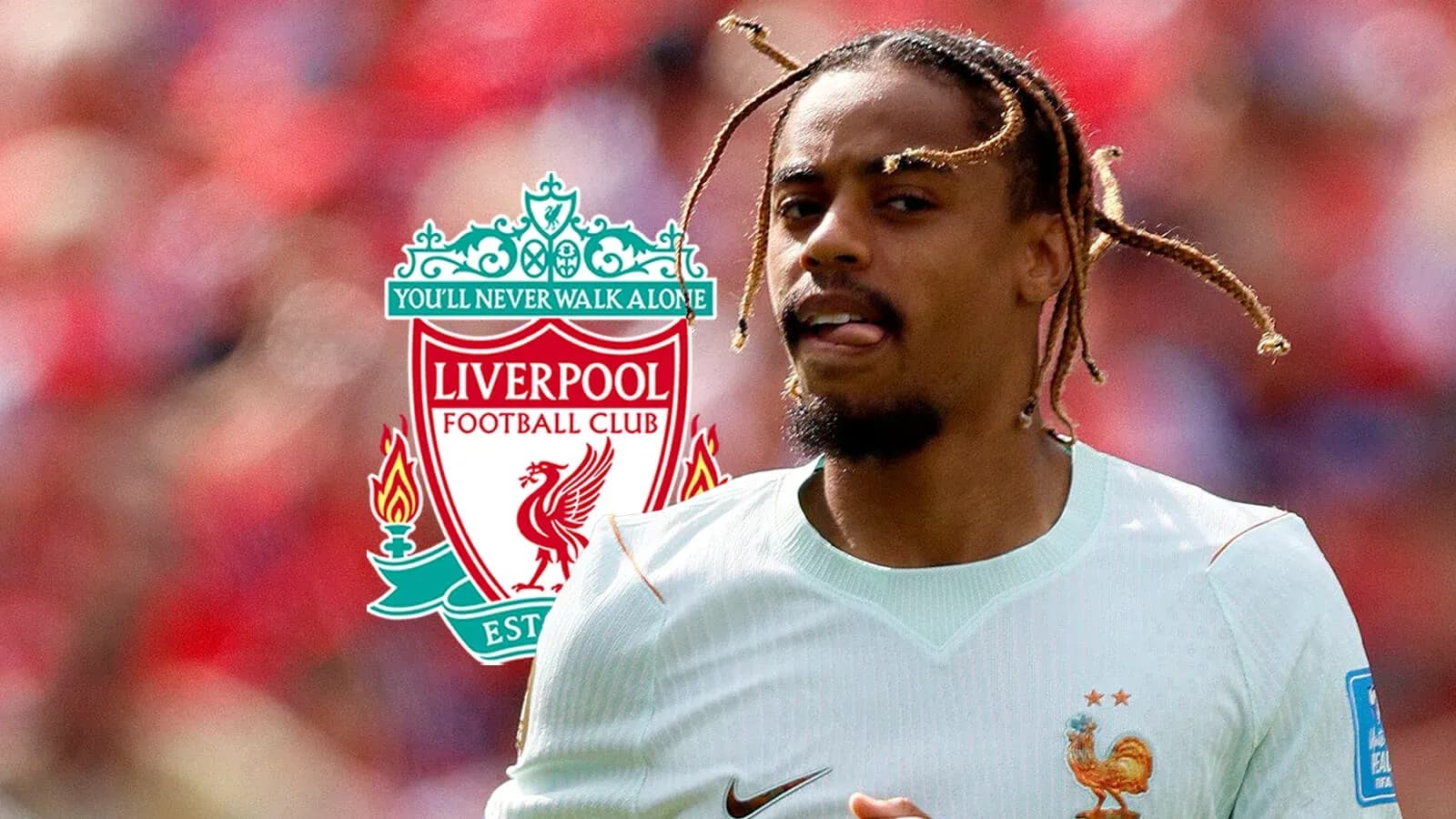 Jugador corriendo con camiseta de Francia y logo de Liverpool Jugador corriendo con camiseta de Francia y logo de Liverpool
