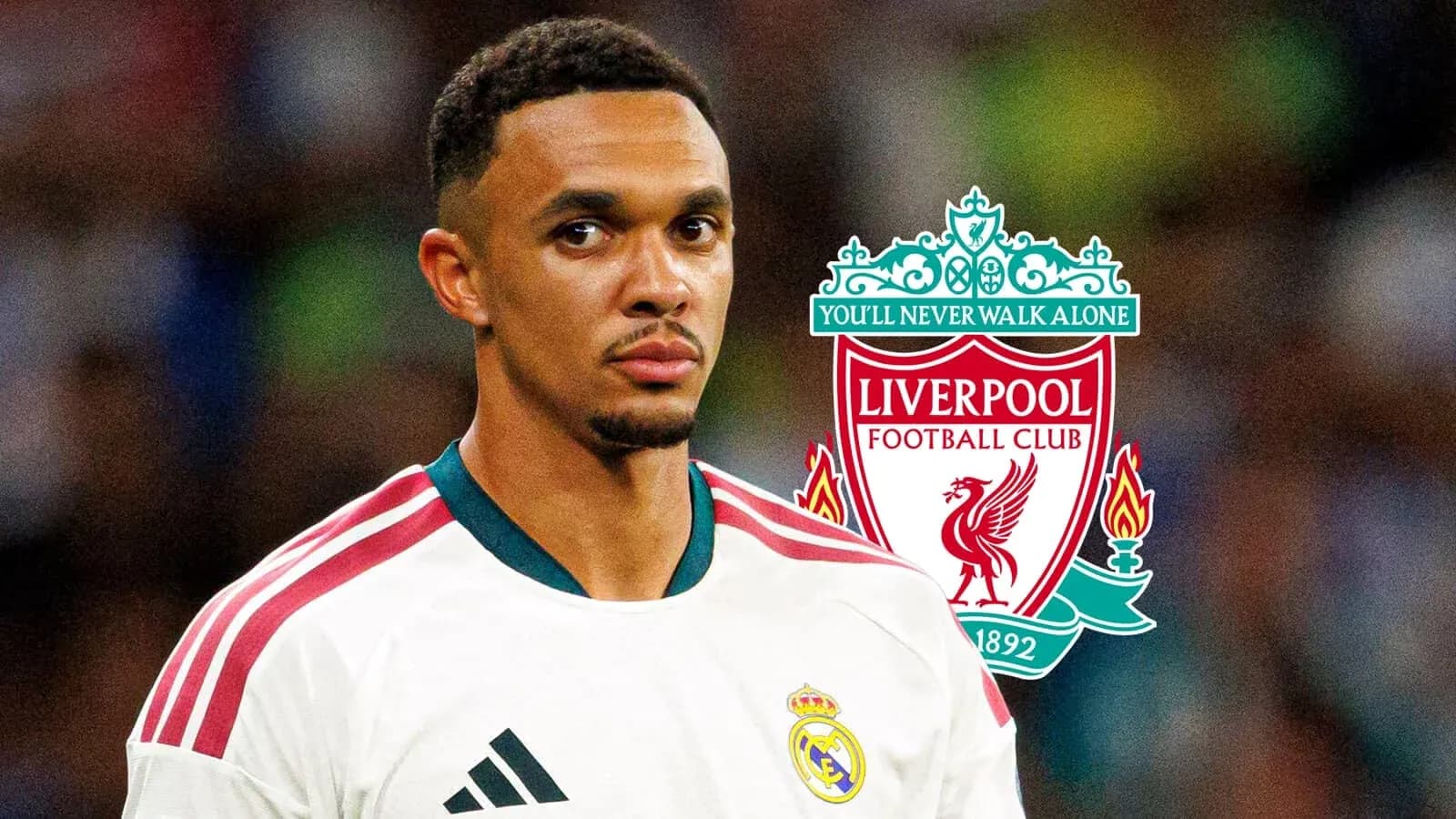 Jugador con camiseta de Real Madrid frente al logo de Liverpool Jugador con camiseta de Real Madrid frente al logo de Liverpool