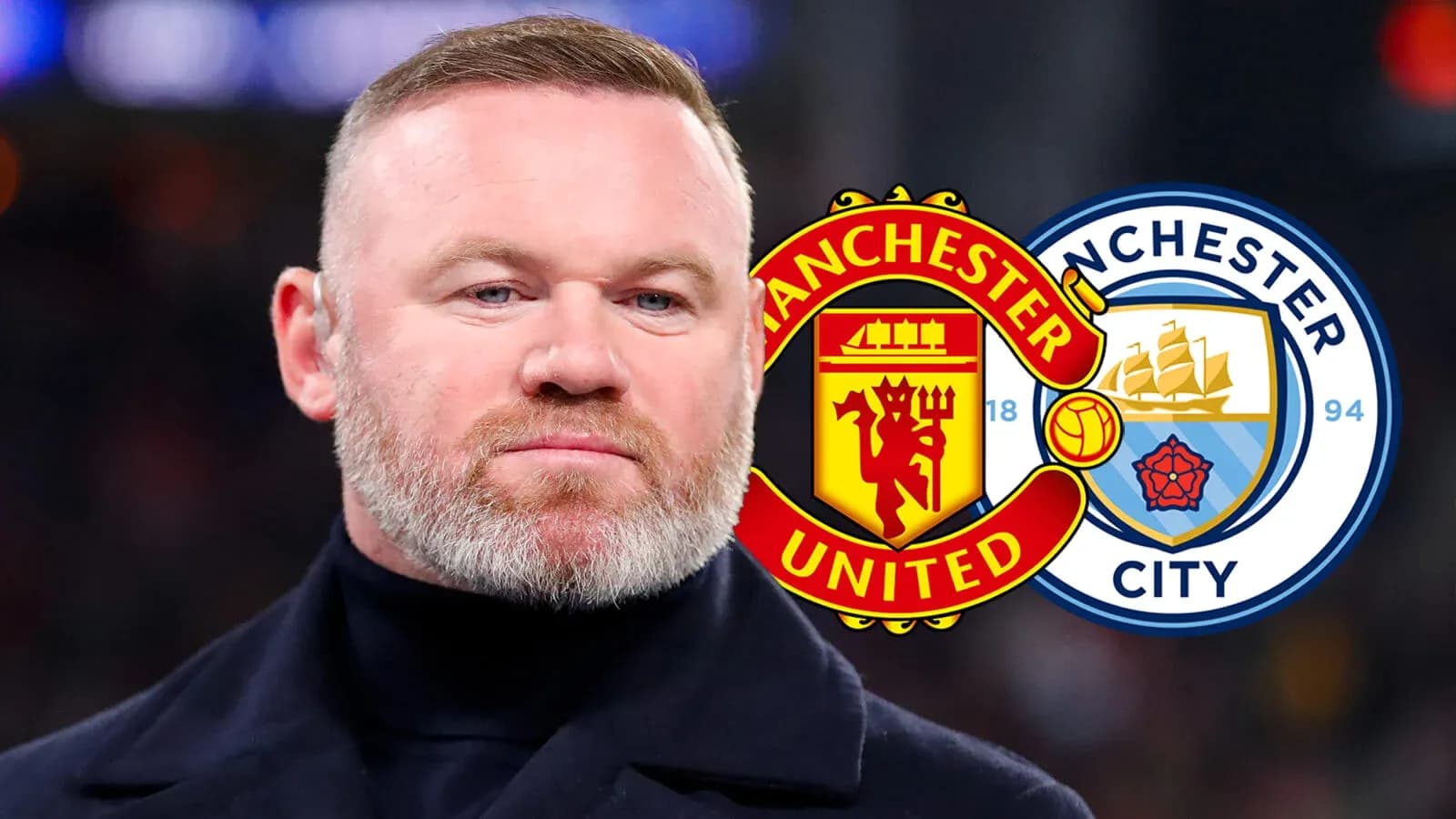Wayne Rooney in front of Manchester United and City logos Wayne Rooney in front of Manchester United and City logos