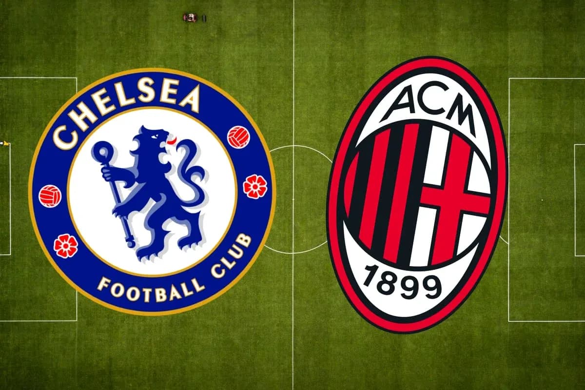 Logos de Chelsea y AC Milan en el campo Logos de Chelsea y AC Milan en el campo