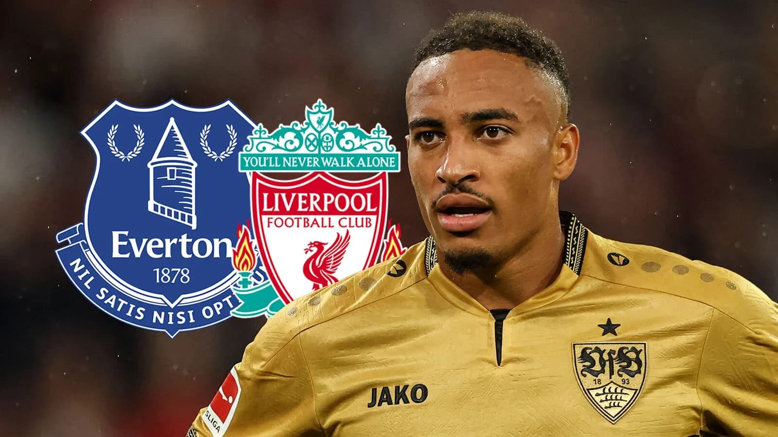 Jugador con camiseta dorada y escudos de Everton y Liverpool Jugador con camiseta dorada y escudos de Everton y Liverpool