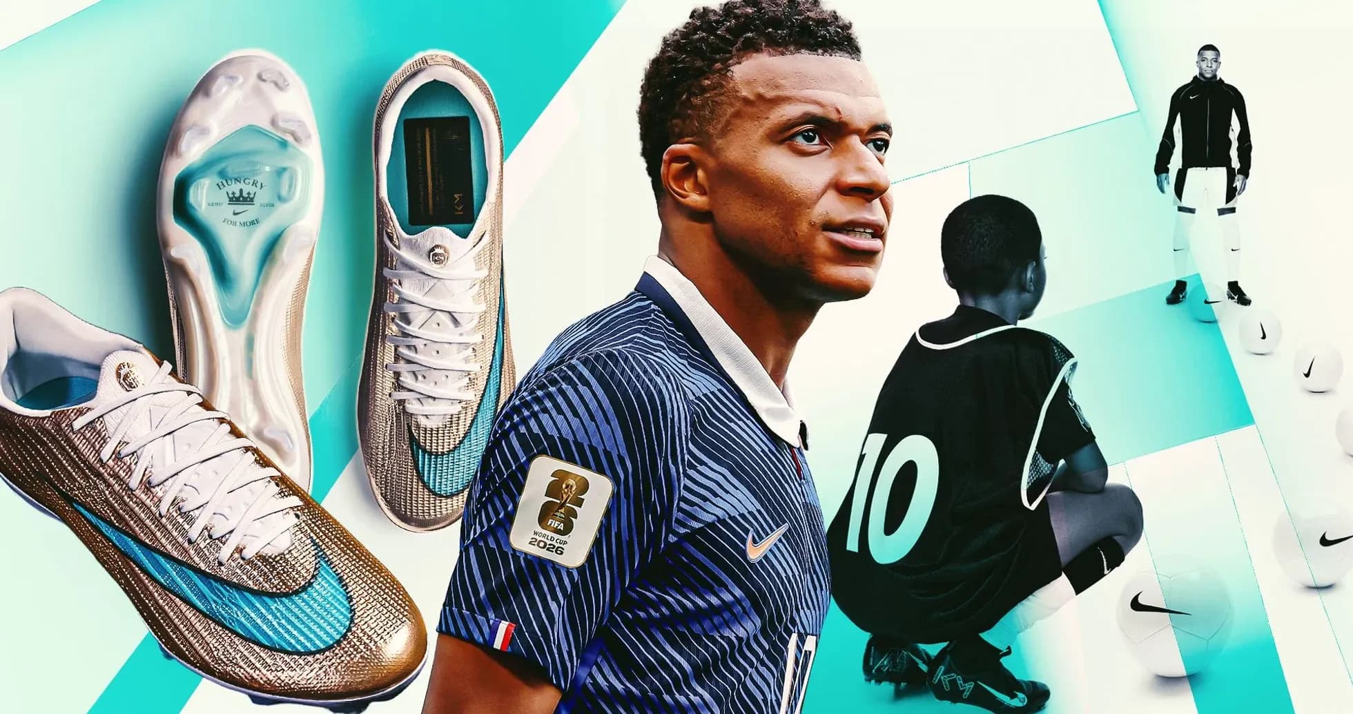 Kylian Mbappé y botas de fútbol sobre fondo colorido Kylian Mbappé y botas de fútbol sobre fondo colorido