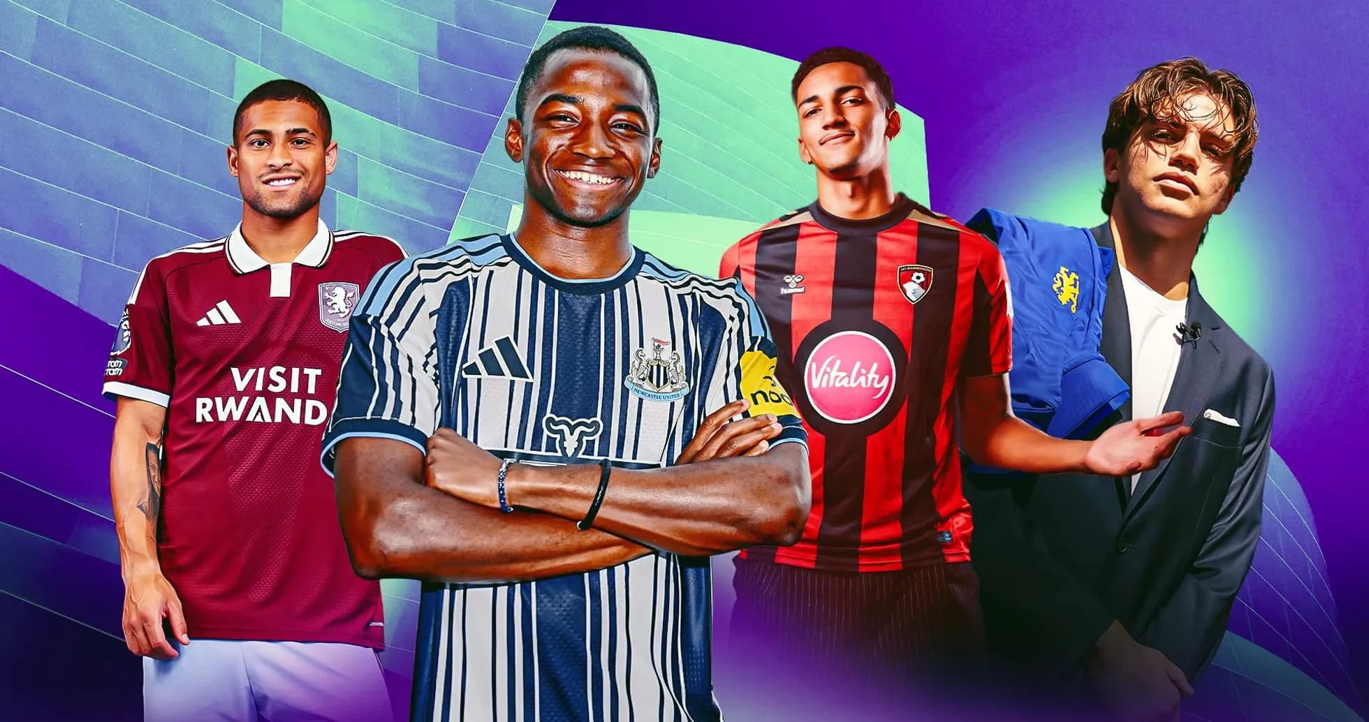 Cuatro jugadores de fútbol en diferentes camisetas Cuatro jugadores de fútbol en diferentes camisetas