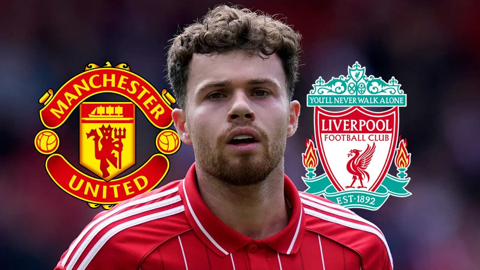 Jugador en primer plano con logos de Manchester United y Liverpool Jugador en primer plano con logos de Manchester United y Liverpool