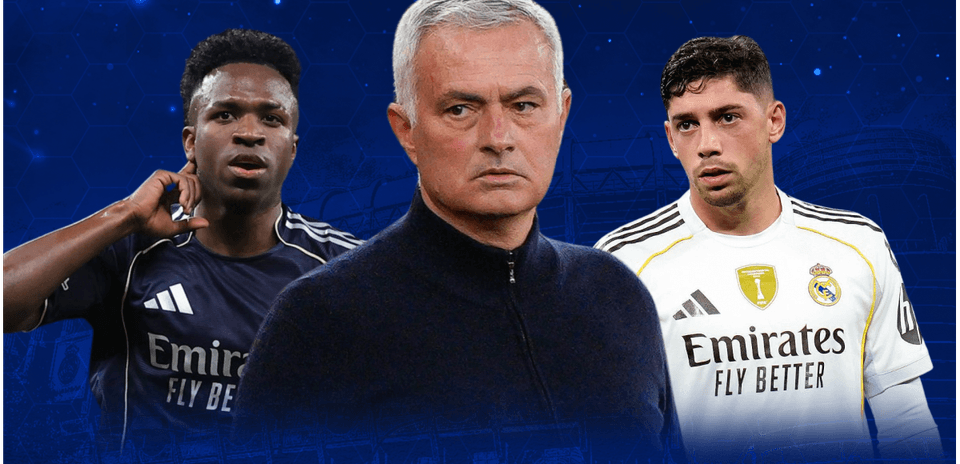 Vinícius, Mourinho y Valverde en fondo azul Vinícius, Mourinho y Valverde en fondo azul