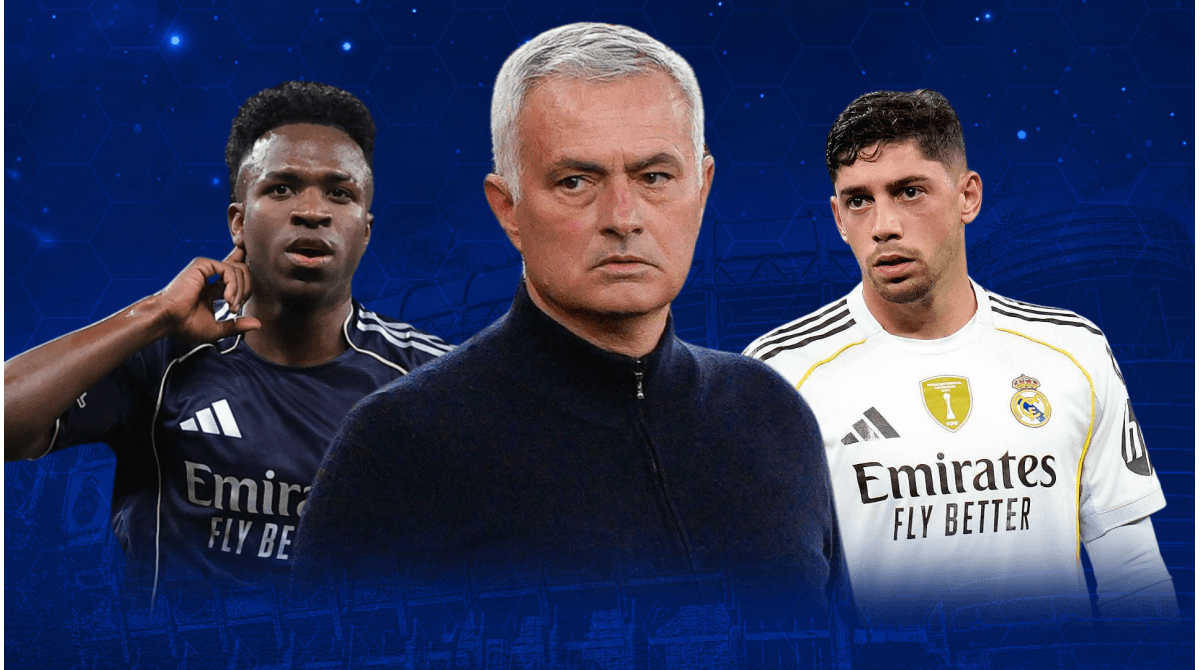 Vinícius, Mourinho y Valverde en fondo azul Vinícius, Mourinho y Valverde en fondo azul