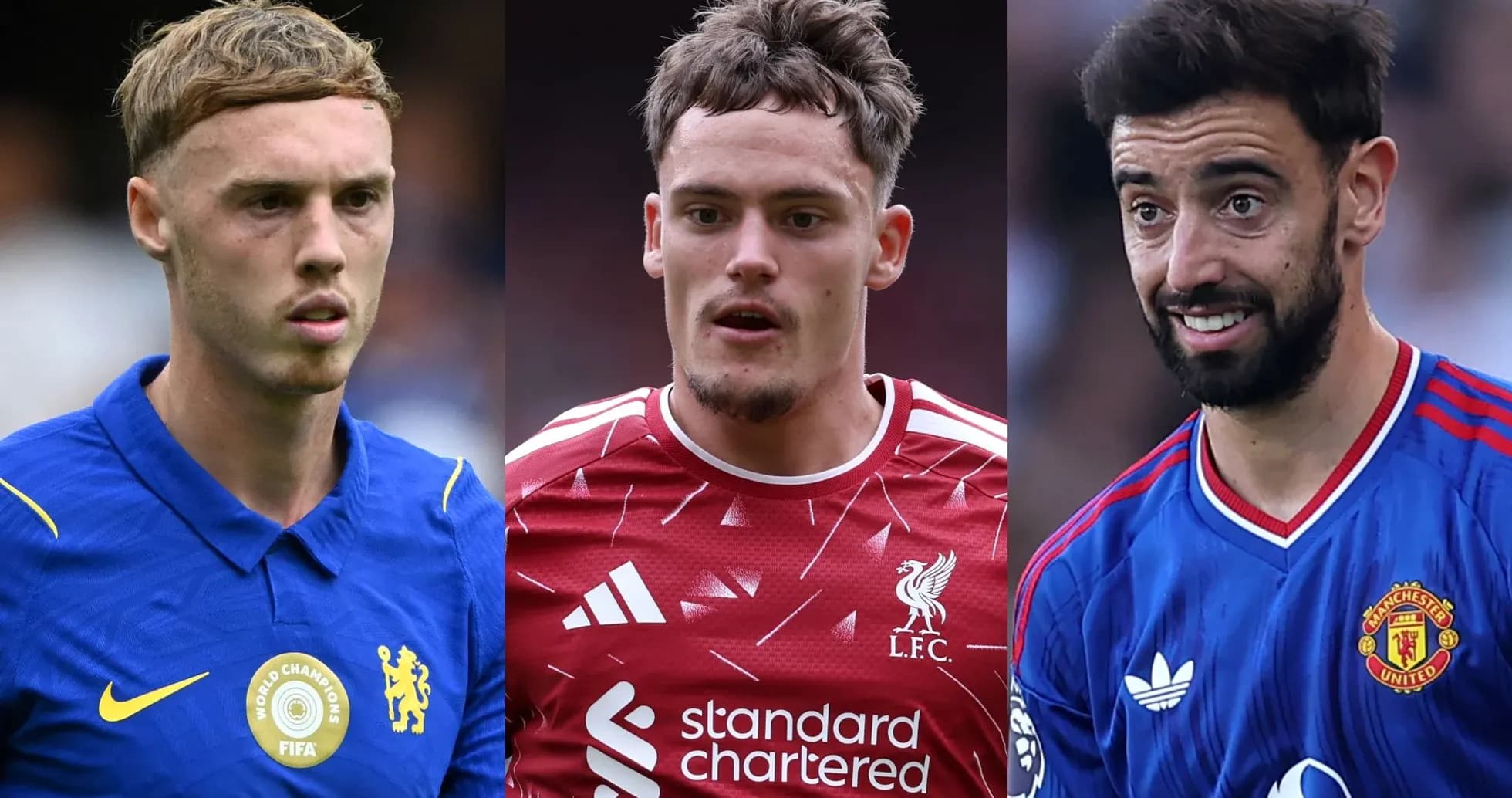 Tres jugadores de fútbol en camisetas de sus equipos Tres jugadores de fútbol en camisetas de sus equipos
