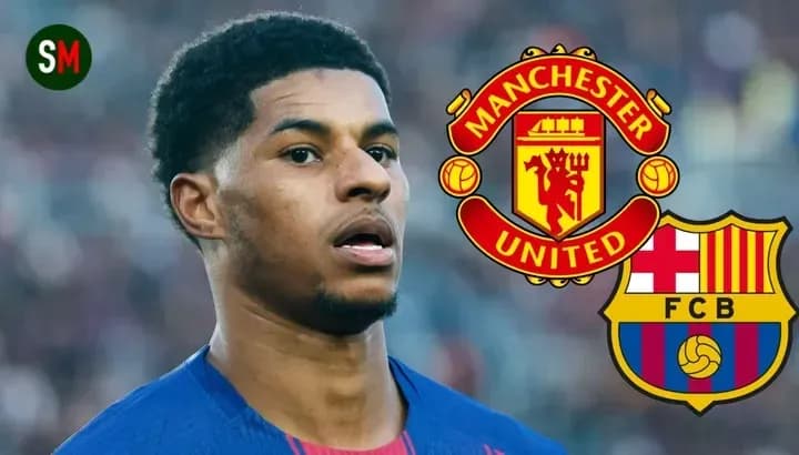 Jugador con logos de Manchester United y Barcelona Jugador con logos de Manchester United y Barcelona