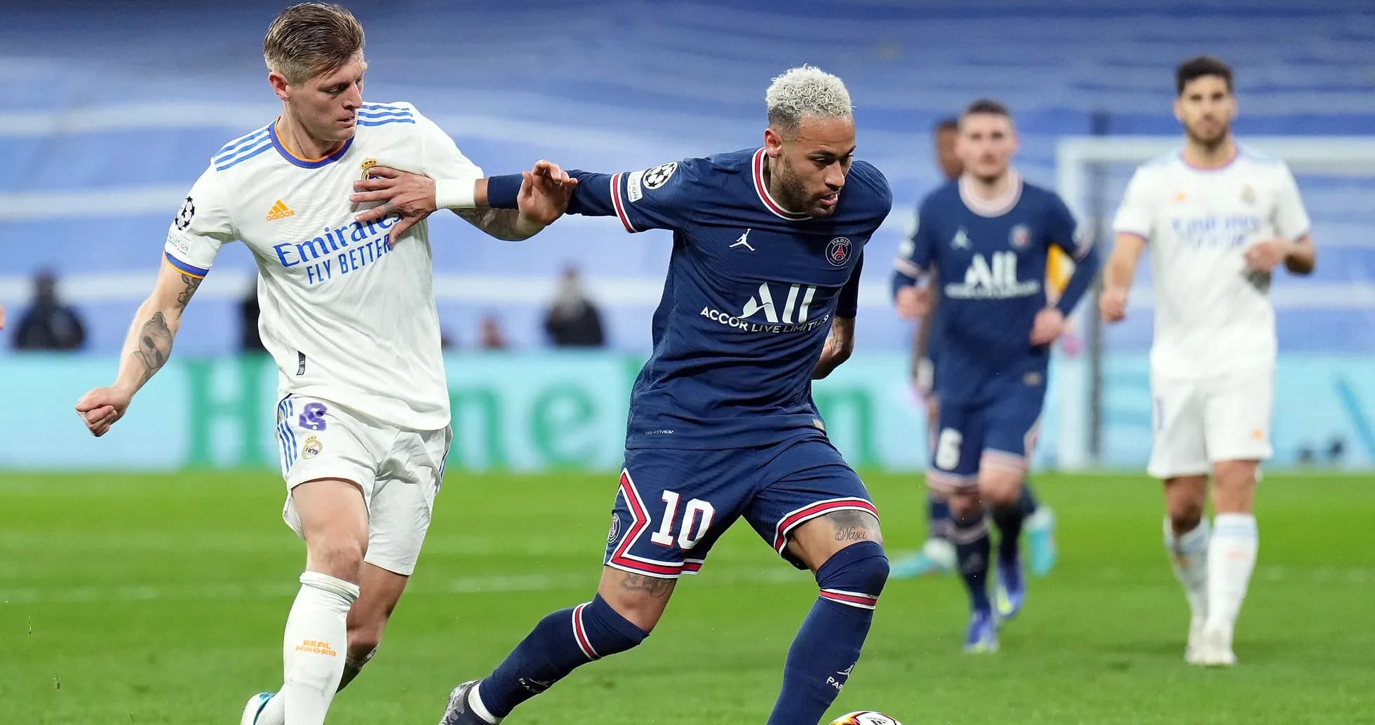 Neymar dribbling past Toni Kroos during match Neymar dribbling past Toni Kroos during match