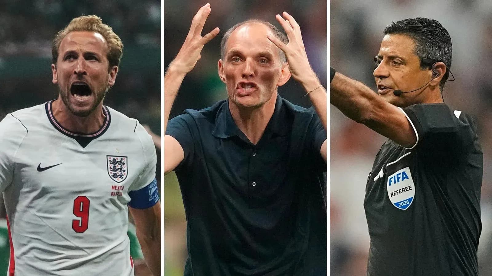 Harry Kane, Thomas Tuchel y árbitro durante un partido Harry Kane, Thomas Tuchel y árbitro durante un partido