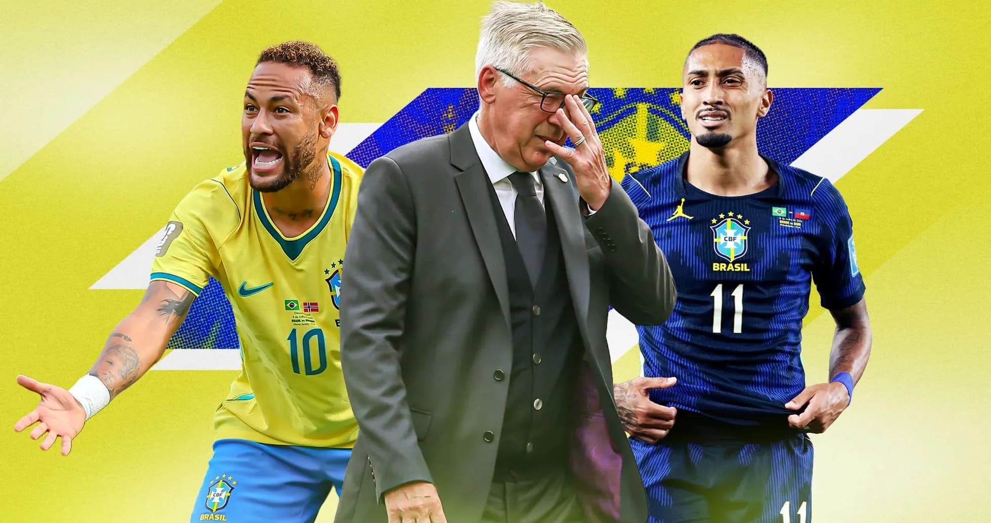Neymar, entrenador y jugador de Brasil en fondo amarillo Neymar, entrenador y jugador de Brasil en fondo amarillo