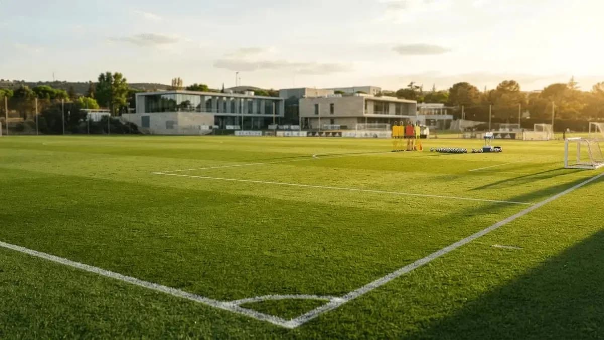 Campo de fútbol con material de entrenamiento preparado Campo de fútbol con material de entrenamiento preparado
