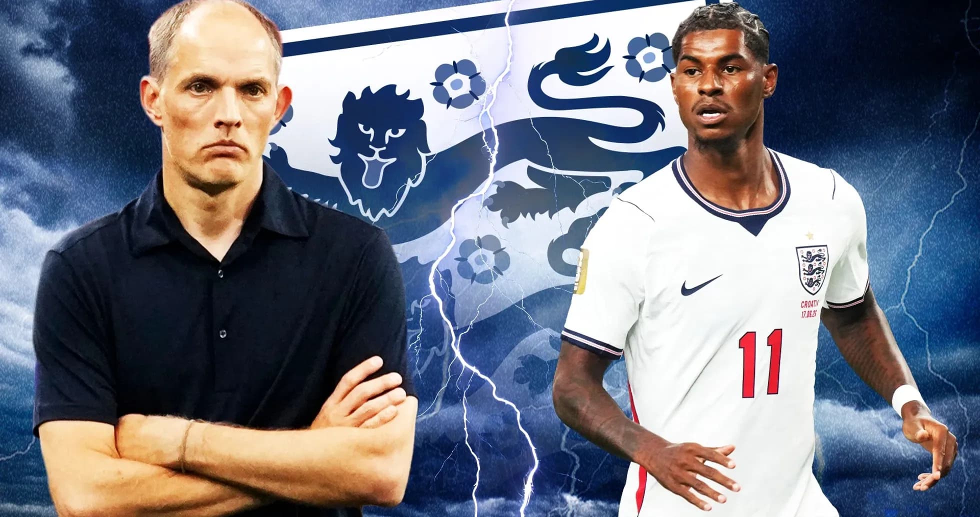 Entrenador y jugador de Inglaterra en fondo tormentoso Entrenador y jugador de Inglaterra en fondo tormentoso