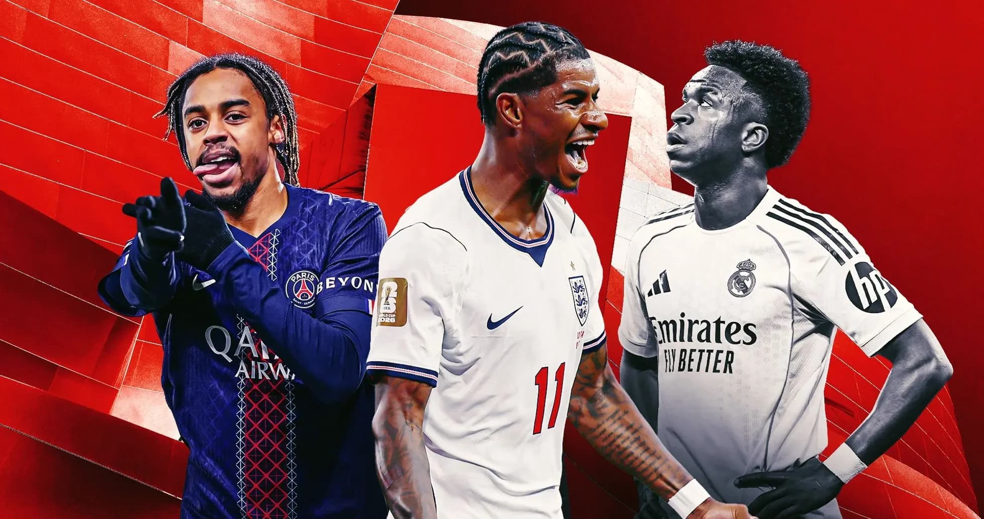 Tres jugadores de fútbol en fondo rojo Tres jugadores de fútbol en fondo rojo