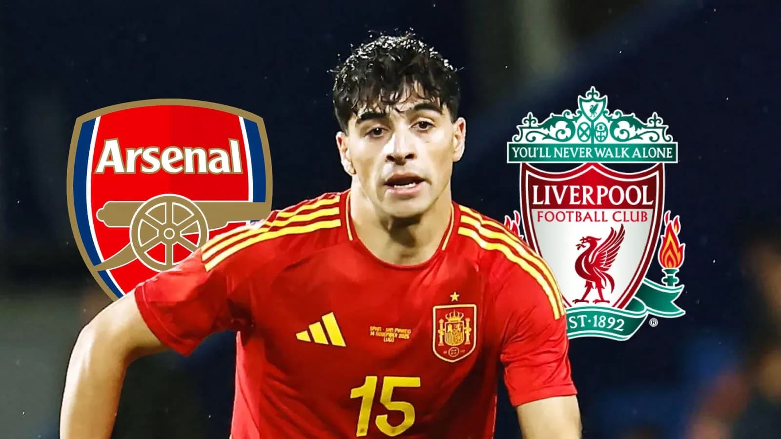 Jugador de España en acción con logos de Arsenal y Liverpool Jugador de España en acción con logos de Arsenal y Liverpool